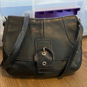 Coach Soho Black Leather Crossbody Bag with Silvertone Buckle Accent- 8.5×7.